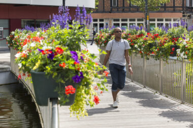 Person walking over flower lined bridge
